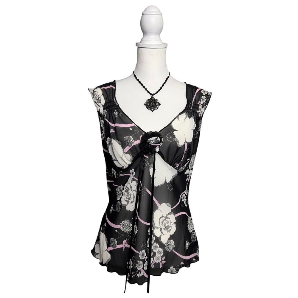 Vintage Y2K Luna Chix Black White and Pink Coquette Floral Top Size Large